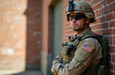American soldier in tactical gear, helmet, sunglasses, stands ready near brick wall. Uniform displays US flag patch. Embodies strength, duty, military service with serious expression, confident pose.