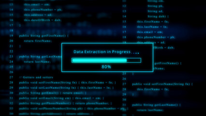 Cyan progress bar at 80 percent for data extraction in progress with abstract code background technology