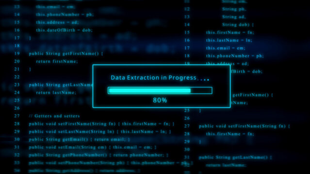 Cyan progress bar at 80 percent for data extraction in progress with abstract code background technology - Powered by Adobe