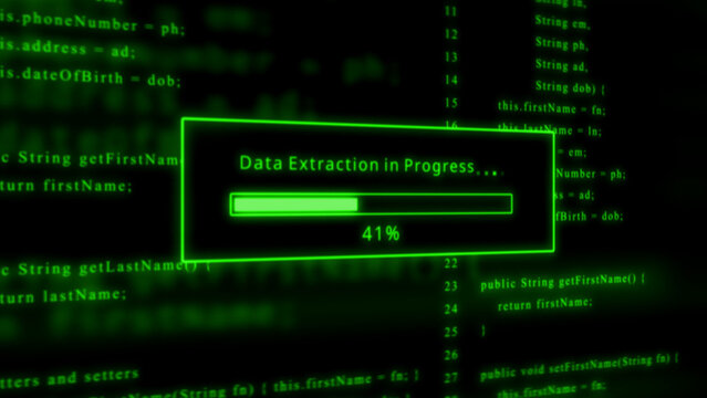 Green progress bar at 41 percent for data extraction in progress with abstract code background technology