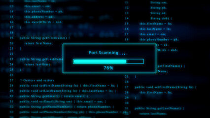 Glowing blue progress bar showing 76 percent port scanning with abstract code background technology programming