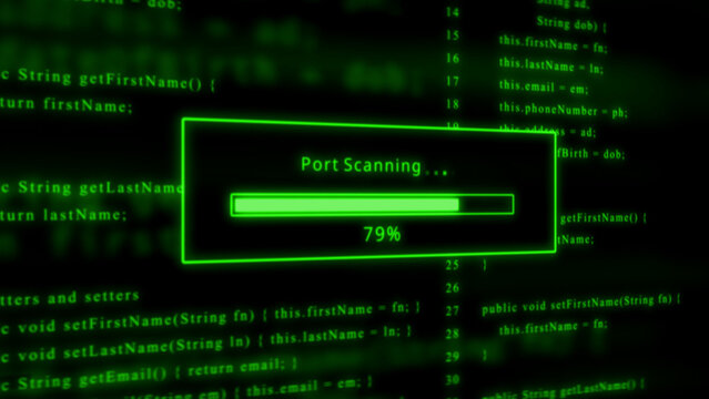 Green neon glowing progress bar showing 79 percent port scanning on a dark background with code loading