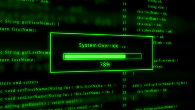 Green neon glowing progress bar showing 78 percent system override on a dark background with code loading