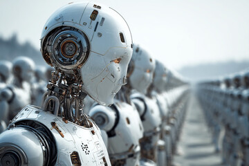 Fototapeta premium Chrome robots represent future technology on World Population Day