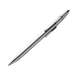 Silver pen, studio shot, isolated, black background, advertising