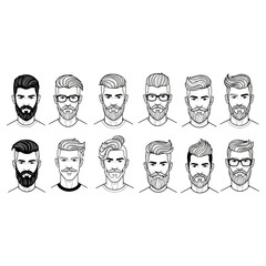 Diverse Mens Hairstyles and Beard Styles Illustration.