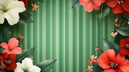 Digital illustration showcases striped green background with white and red amaryllis flowers and foliage.