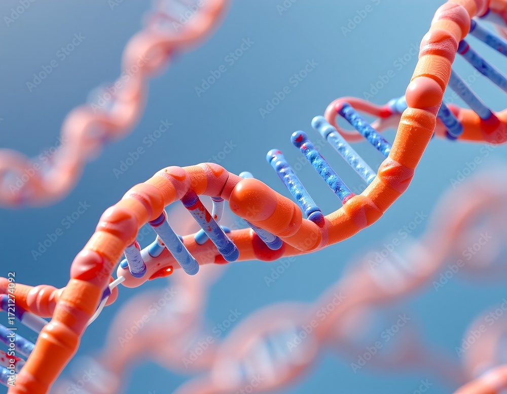 Poster A close-up view of a DNA strand with a blurred background, the DNA is double helix that represent the building block of all life 