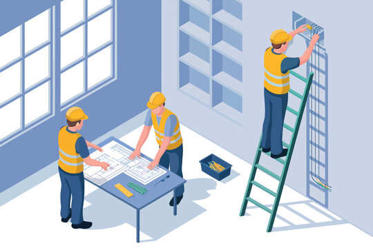 Construction workers in safety vests collaborating on building plans at a desk with one worker on a ladder