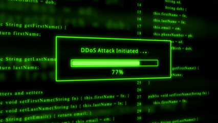Green progress bar showing 77% complete with text " D Do S Attack Initiated" against a backdrop of green code