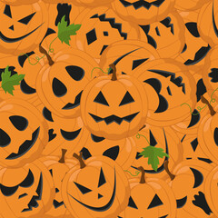 Halloween seamless pattern with classic spooky elements. Image of pumpkin with different faces.