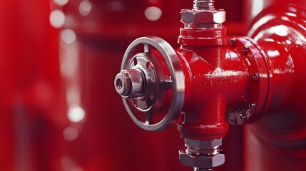 Photograph of a red valve on a textured background with a circular handle and metallic accents.
