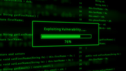 Green progress bar showing 76% complete with text " Exploiting Vulnerability" against a backdrop of green code