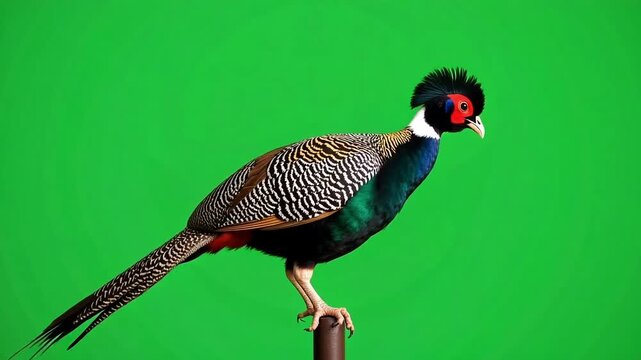 Stunning Reeves's pheasant displaying colorful plumage against vibrant green, perfect for nature documentaries or exotic bird showcases with engaging movement