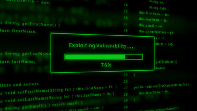 Green progress bar showing 76% complete with text " Exploiting Vulnerability" against a backdrop of green code