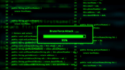 Green computer code with brute force attack progress bar at 95 percent programming hacking