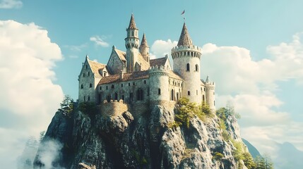 Fototapeta premium 3D render of a majestic castle perched atop a rocky mountain peak under cloudy skies.