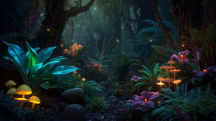 Naklejka premium A Magical Forest with Luminous Mushrooms and Plants