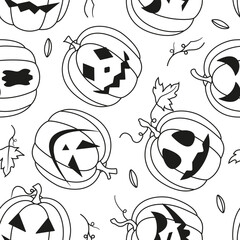 Seamless vector pattern with pumpkins with scary faces. Creepy Halloween image in doodle style.