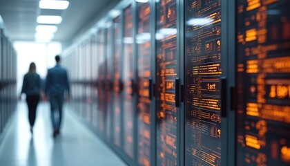 Blurred figures walk data center hallway. Server racks with orange digital codes, network infrastructure. Modern technology, information storage, cloud computing, cyber security.