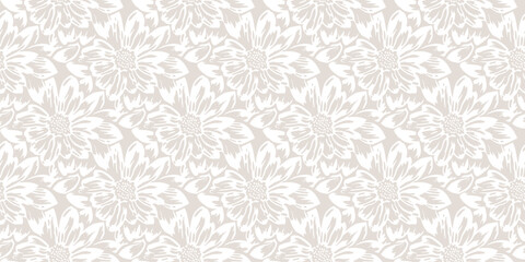 Obraz na płótnie Canvas Vector abstract floral pattern. Seamless background with sketchy flower silhouettes. Subtle beige and white botanical ornament texture with negative space graphic effect. Minimal repeating design