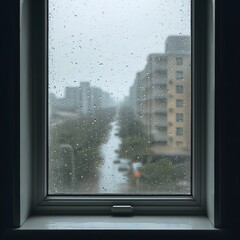 Rainy Day Cityscape Through Window Glass Mockup