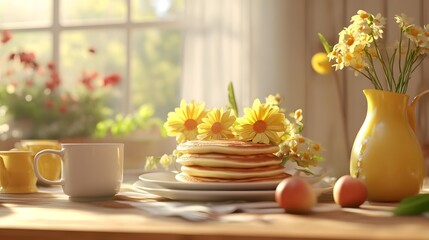 Digital illustration of a sunlit breakfast scene featuring pancakes, daffodils, and a yellow pitcher.