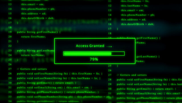 Green glowing progress bar shows 79% access granted over scrolling code programming hacking