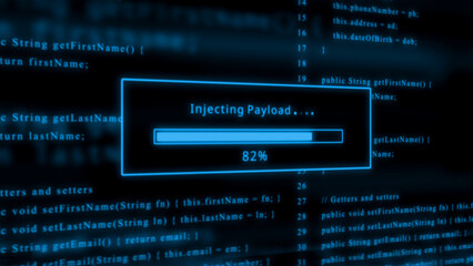 Blue glowing progress bar shows 82% injecting payload over scrolling code programming hacking