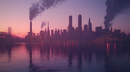 Naklejka premium Photograph of a cityscape at twilight with towering buildings and smoke rising from industrial chimneys.