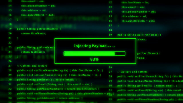 Green glowing progress bar shows 83% injecting payload over scrolling code programming hacking