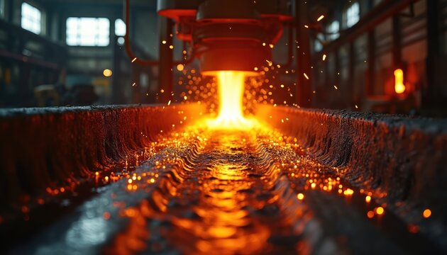 Molten metal glows orange and red, flowing on conveyor belt in dark factory setting. Intense heat, sparks, and smoke indicate heavy industry production process. Closeup shows machinery in action.