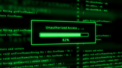 Green computer code with unauthorized access loading bar and 82 percent progress Keywords: code, programming, computer, technology, data, digital, screen, software, development, programming