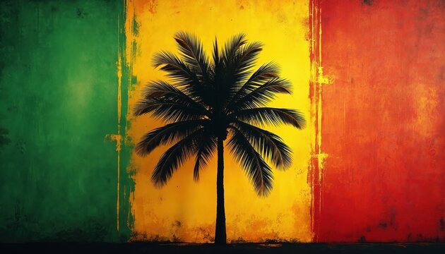 Abstract reggae art features black coconut palm silhouette against vibrant grunge background. Vertical stripes of green, yellow, red create bold, textured effect. Stylized portrait evokes tropical