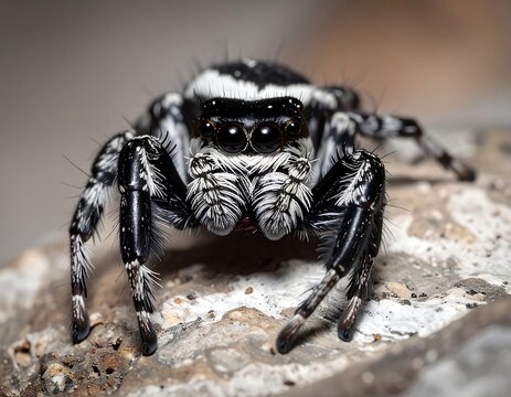 Close-up of a black and white jumping spider on rock