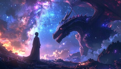 A young person stands before a majestic dragon in a vibrant starry night sky