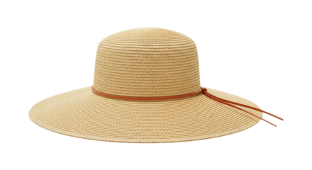 Straw hat with brown ribbon isolated on transparent background for sun protection