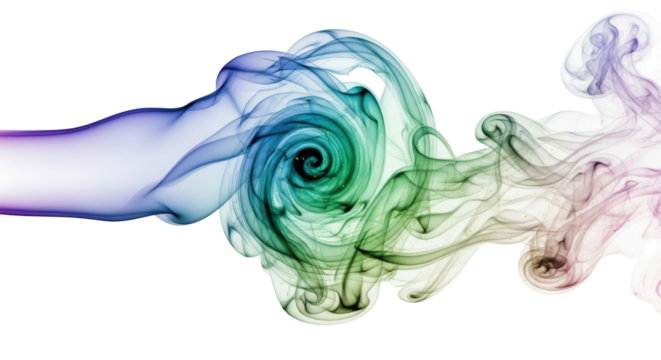 Colorful abstract swirl of flowing smoke isolated on pure white background.