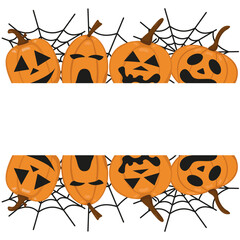 Vector banner with Halloween design elements. Image of pumpkin with scary faces and cobwebs.