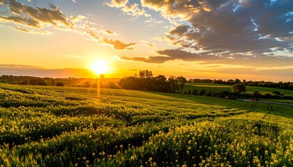 Golden sunset over a vibrant field