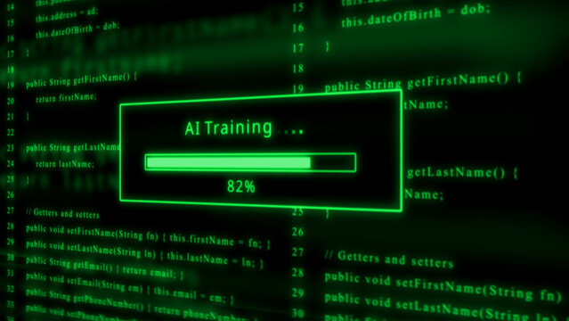 Green computer code with AI training progress bar at 82 percent Keywords: computer code, programming, coding, software, artificial intelligence, AI, training, progress, loading, bar, screen