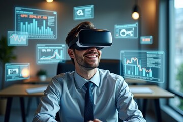 Photo of a professional immersed in virtual reality technology at their desk, surrounded by digital news articles and graphs.