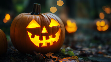 Halloween theme: glowing jack-o'-lantern with copy space. Jack-o'-lantern.