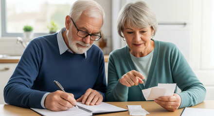 Senior couple carefully reviewing financial documents in their home