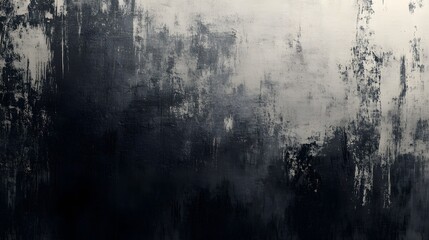 Abstract painting of dark gray and white brushstrokes on a textured surface.