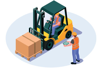Warehouse logistics scene with forklift operator and worker moving cargo pallet for efficient distribution and supply chain operations