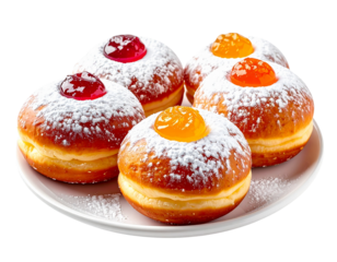 Jewish sufganiyot donuts with jam for Hanukkah holiday celebration isolated on transparent background