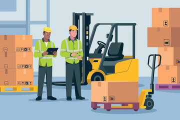 Warehouse team with forklift and hand pallet jack organizing cargo boxes for efficient logistics and supply chain management operation