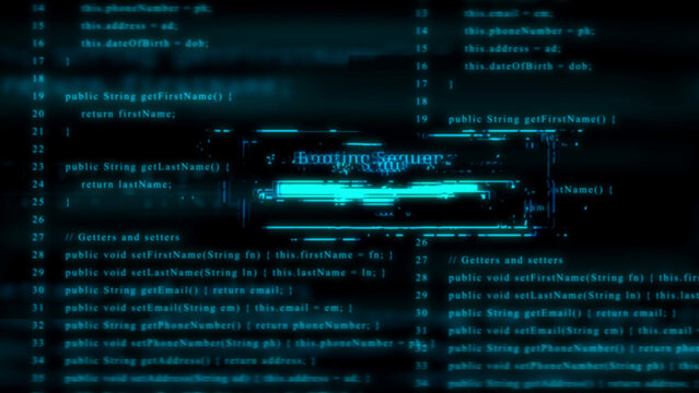 Glitching Cyan Screen with Booting Sequence Error and Code programming computer - Powered by Adobe