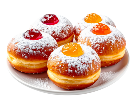 Jewish sufganiyot donuts with jam for Hanukkah holiday celebration isolated on transparent background
